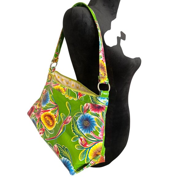 Floral Green Oilcloth Shoulder Bag With Yellow Polka Dot Lining & Zipper Closure - Picture 1 of 6